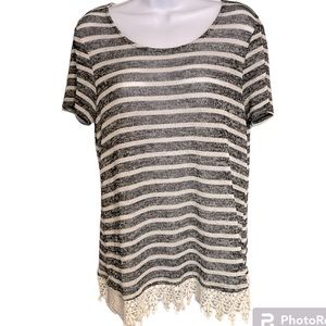 AB Studio Knit Top Womens Size Medium Crochet Hem Black/White Striped
